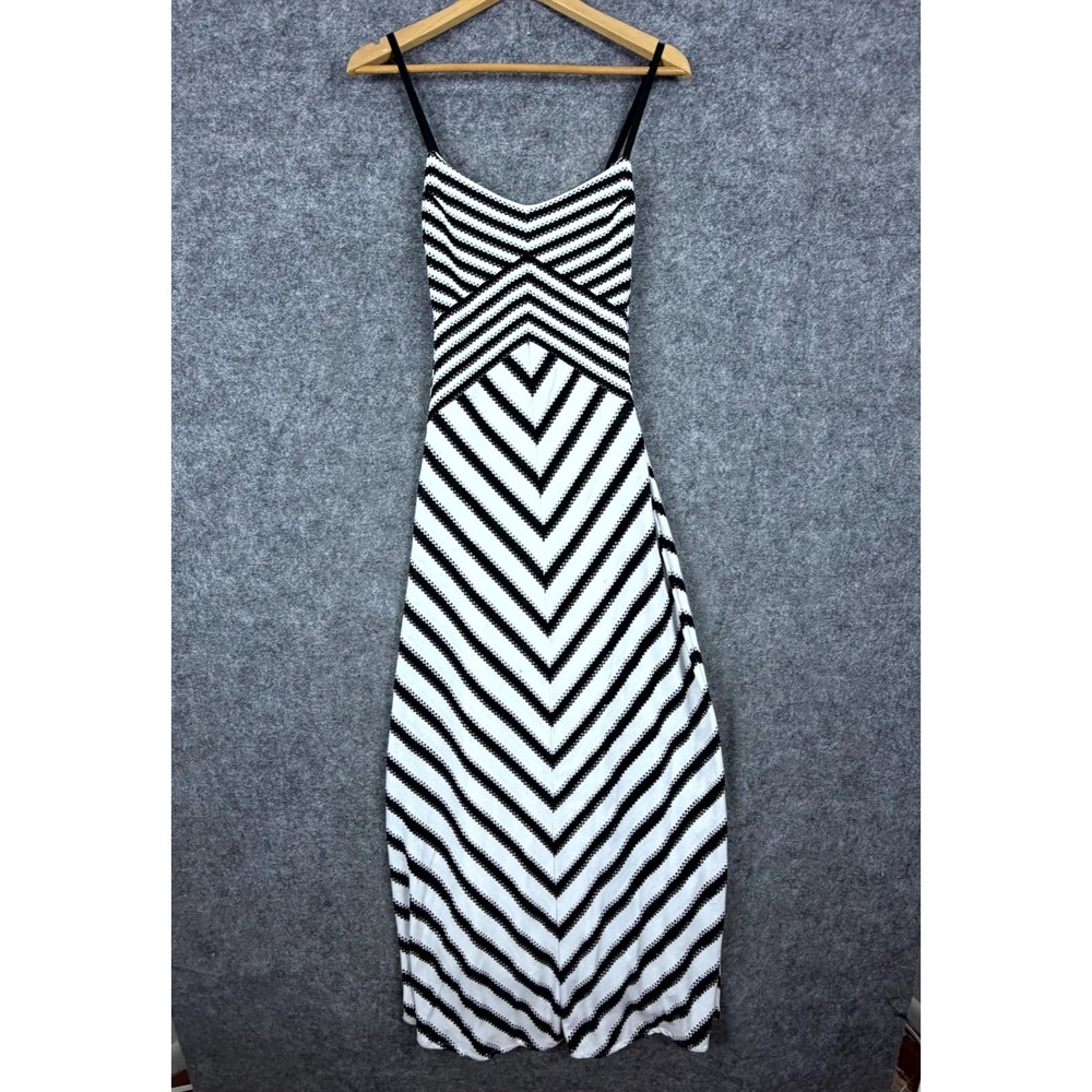 Bebe Maxi Dress Womens XS White Black Chevron V-Neck Spaghetti Strap Sleeveless